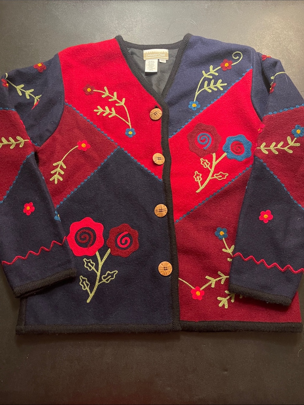 Coldwater Creek Red & Navy Floral Wool Blend Button-Up Jacket Sz Small